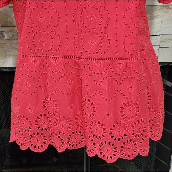 Ann Taylor Fuscia Pink crocheted lace peplum puff sleeve‎ blouse size 14 - Picture 3 of 7